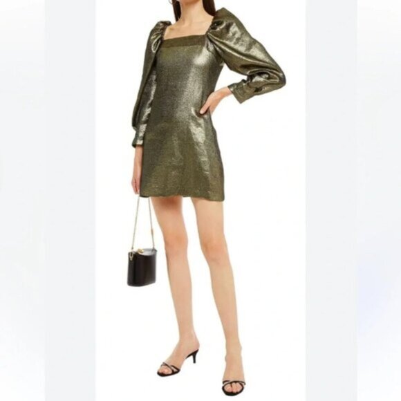 Sandro Julie Metallic Puffed Sleeve Woven Mini Dress 40 - Picture 2 of 16